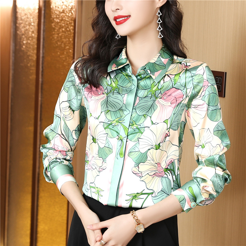 Real silk commuting tops printing shirt for women