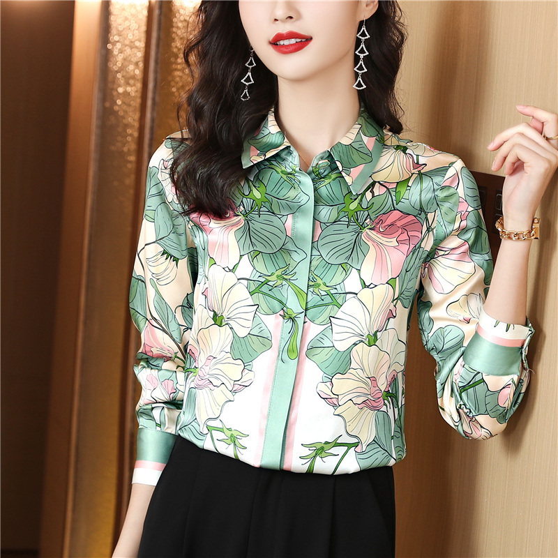 Real silk commuting tops printing shirt for women