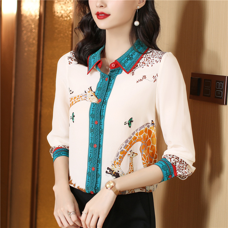 Western style silk tops printing real silk shirt