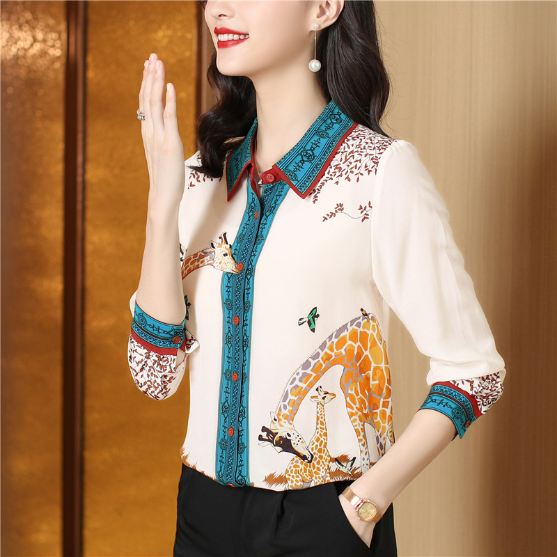 Western style silk tops printing real silk shirt
