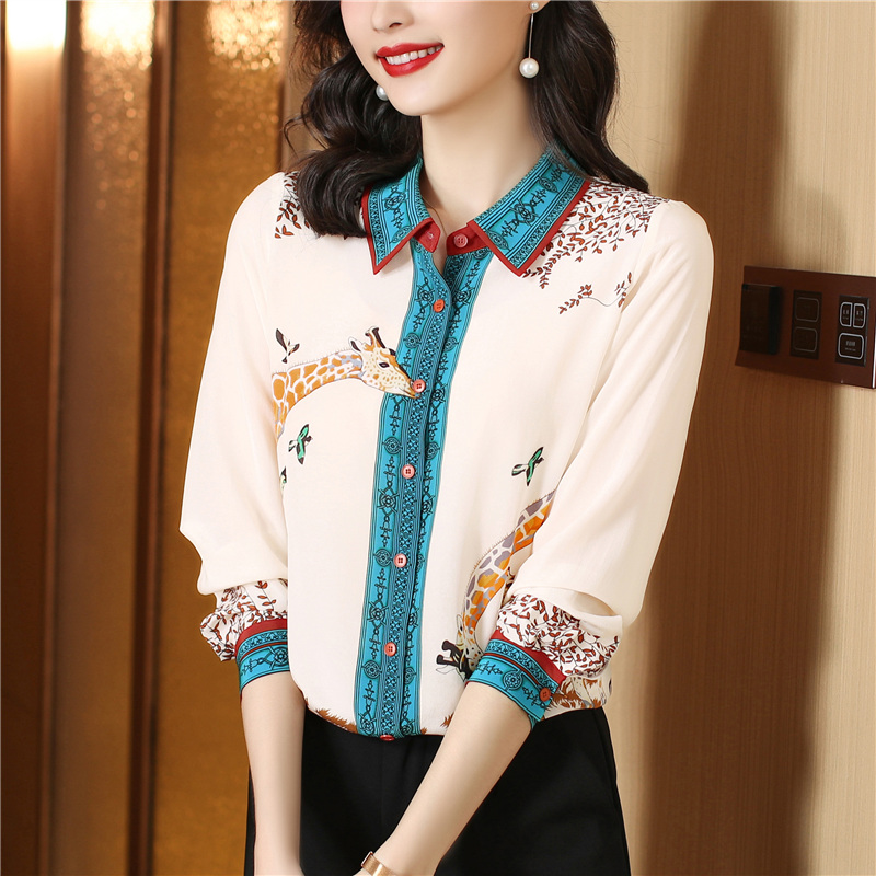 Western style silk tops printing real silk shirt
