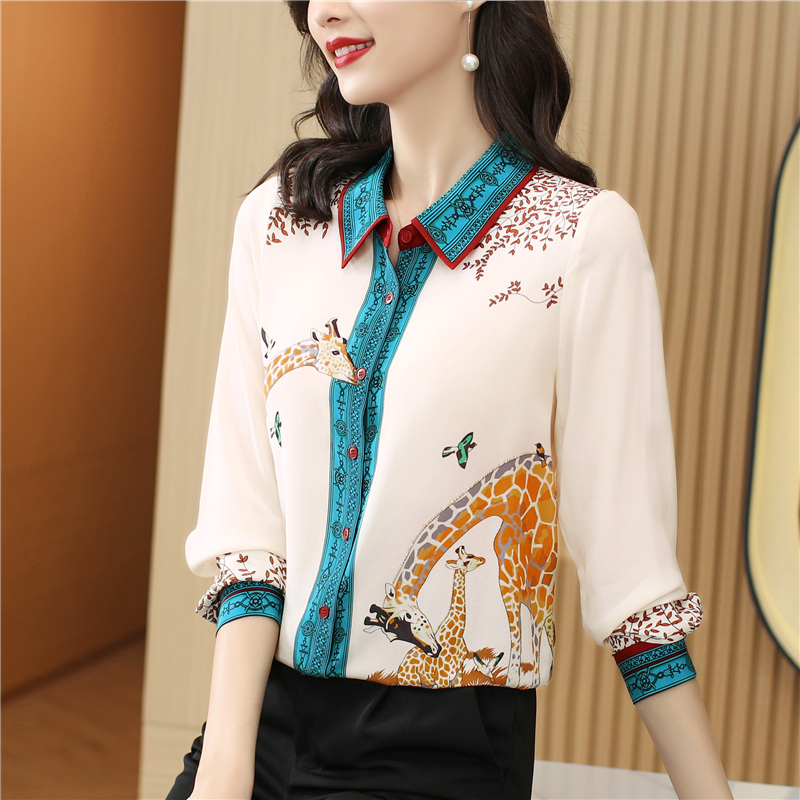 Western style silk tops printing real silk shirt