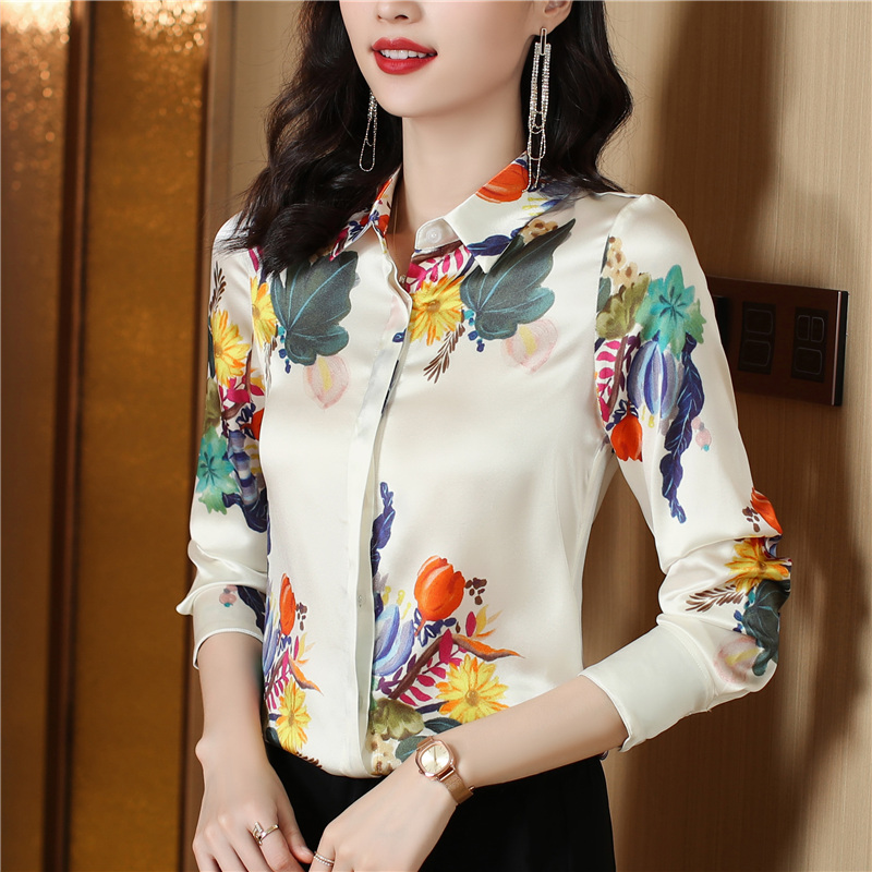 Temperament lapel shirt satin long sleeve tops for women