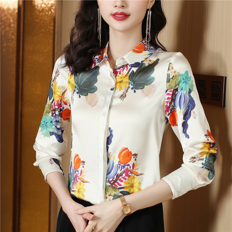 Temperament lapel shirt satin long sleeve tops for women