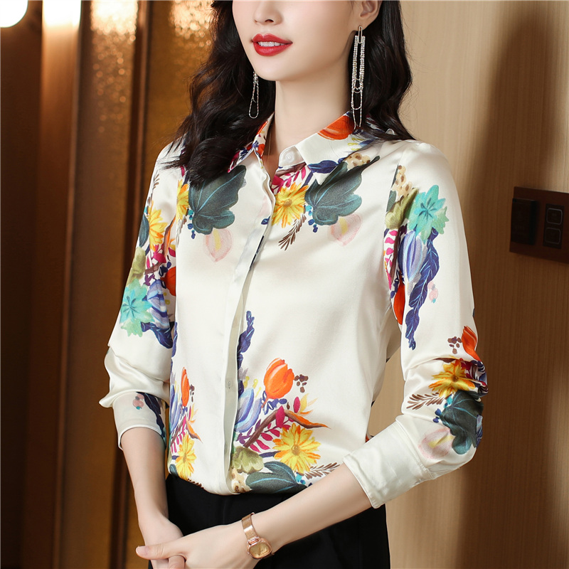 Temperament lapel shirt satin long sleeve tops for women