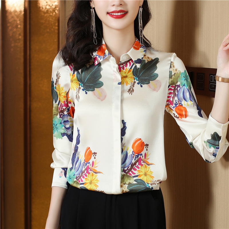 Temperament lapel shirt satin long sleeve tops for women
