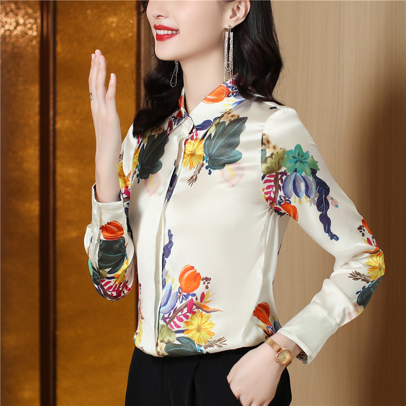 Temperament lapel shirt satin long sleeve tops for women
