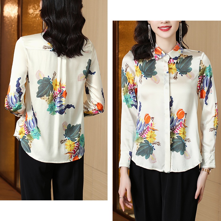 Temperament lapel shirt satin long sleeve tops for women