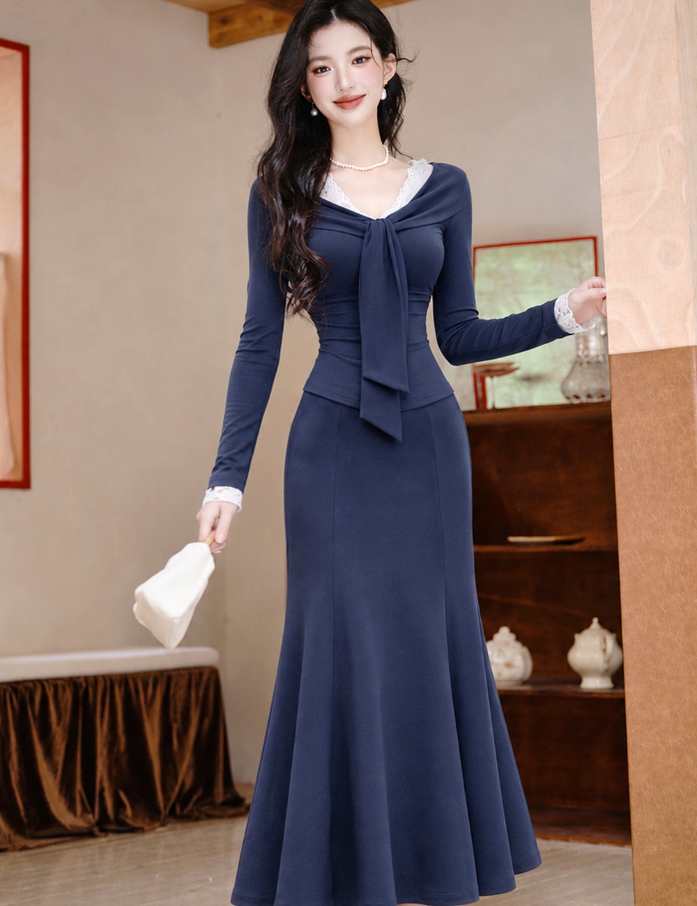 Knitted high waist skirt lace autumn tops a set for women