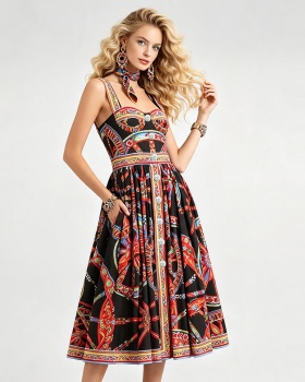 Pinched waist printing high waist sling dress