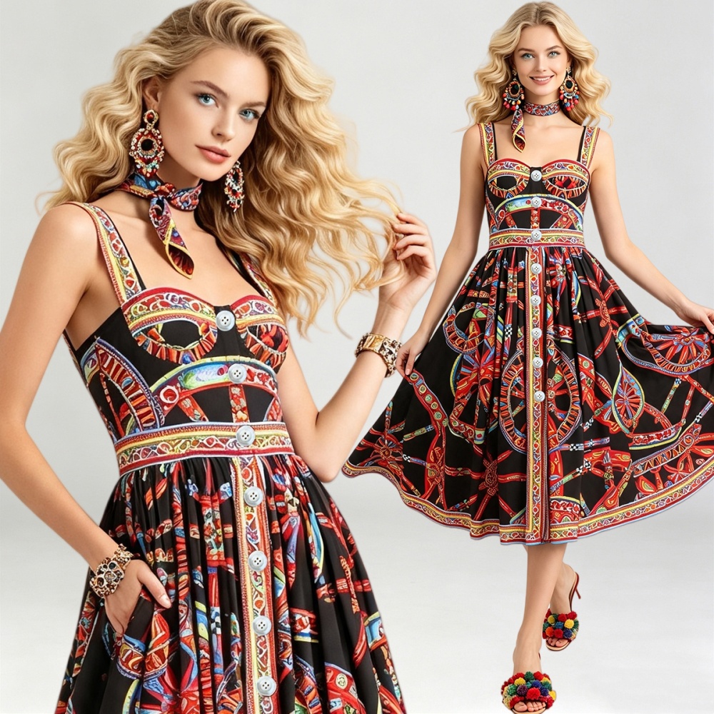 Pinched waist printing high waist sling dress