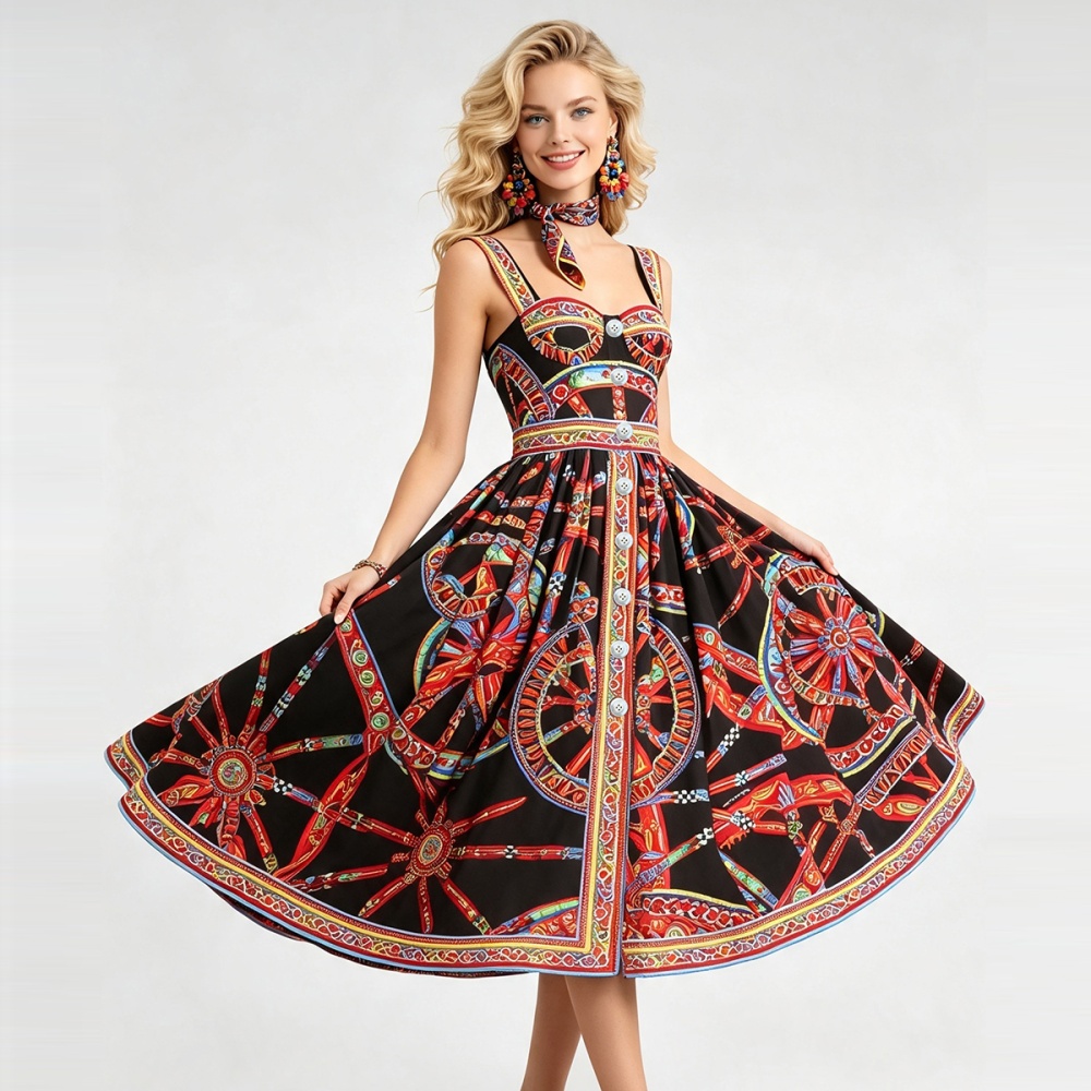 Pinched waist printing high waist sling dress