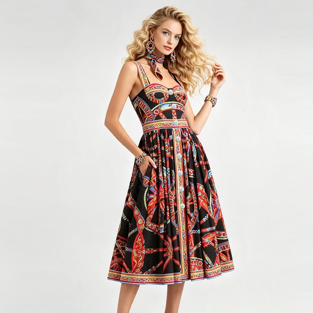 Pinched waist printing high waist sling dress