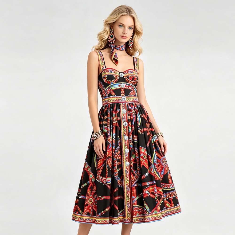 Pinched waist printing high waist sling dress