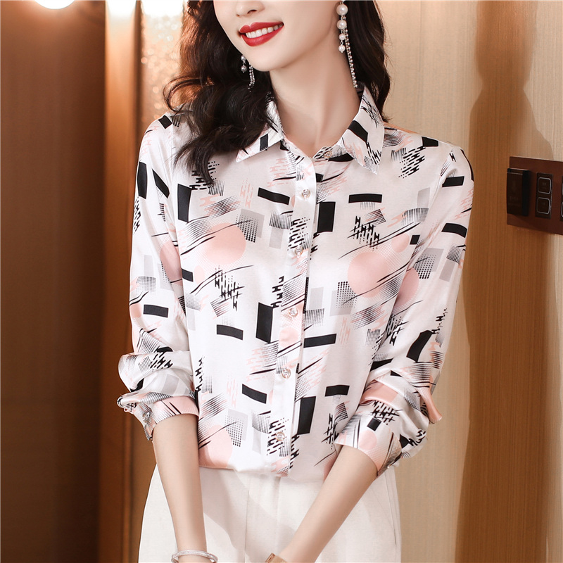 Satin printing silk tops lapel fashion shirt for women