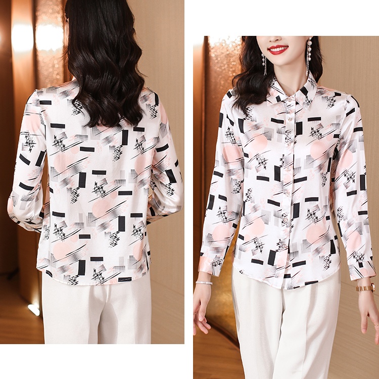 Satin printing silk tops lapel fashion shirt for women