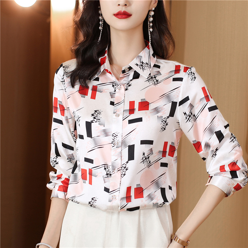 Satin printing silk tops lapel fashion shirt for women
