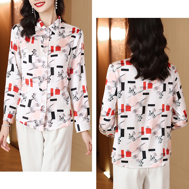 Satin printing silk tops lapel fashion shirt for women