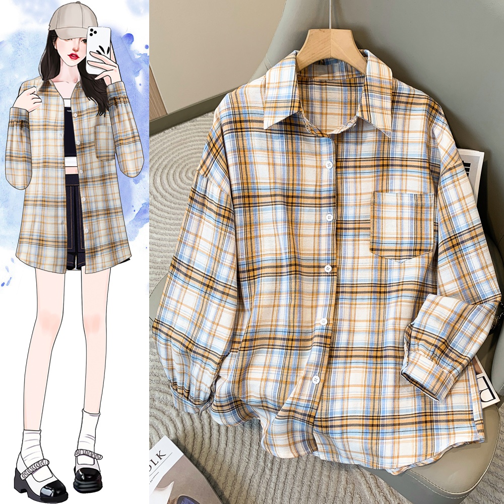 Plaid long sleeve tops retro loose shirt for women