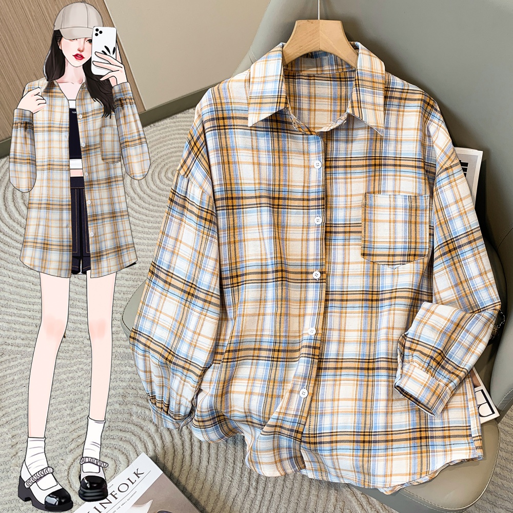 Plaid long sleeve tops retro loose shirt for women