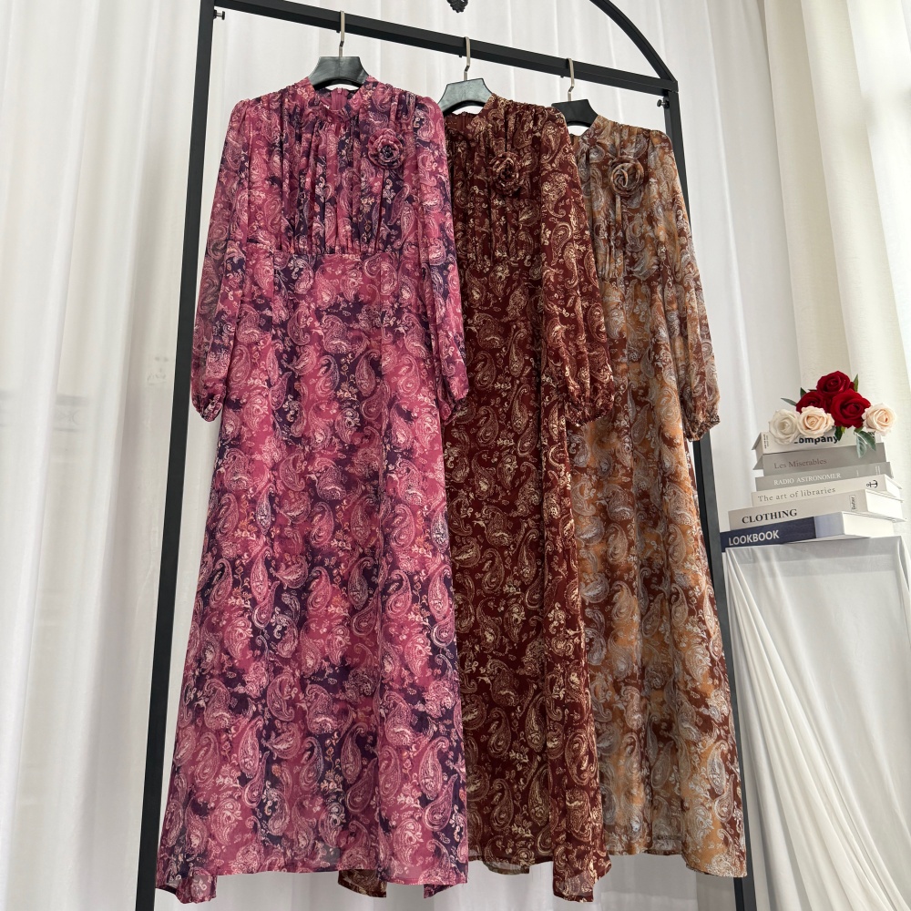 Round neck ladies flowers printing autumn dress