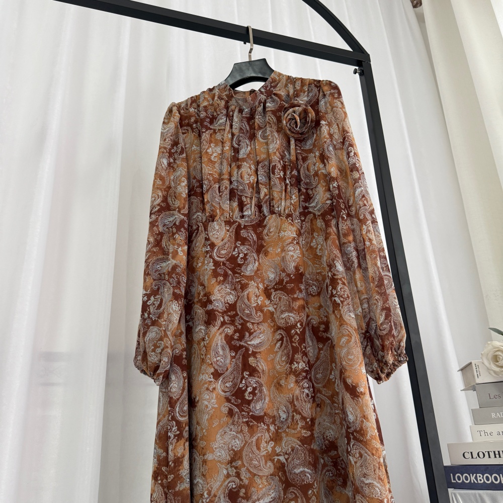 Round neck ladies flowers printing autumn dress