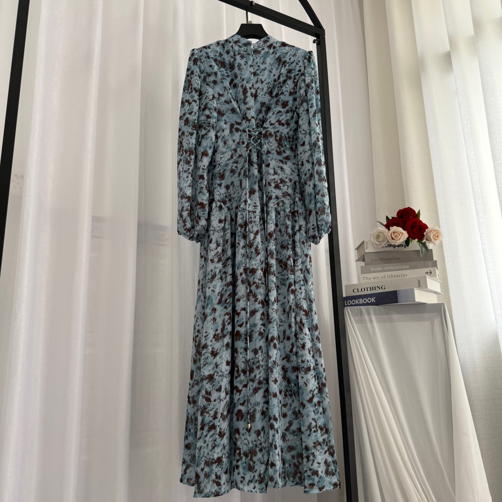 Printing pinched waist slim long sleeve France style dress