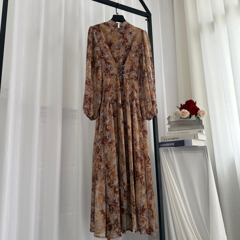 Printing pinched waist slim long sleeve France style dress