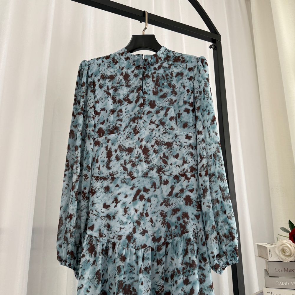 Printing pinched waist slim long sleeve France style dress