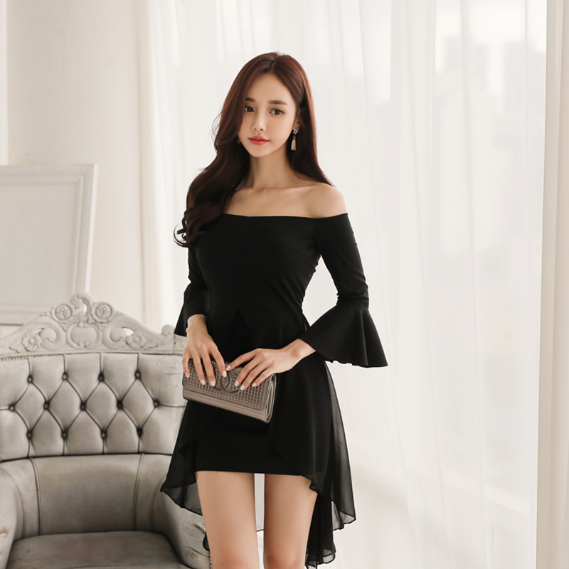 Chiffon splice flat shoulder strapless autumn dress