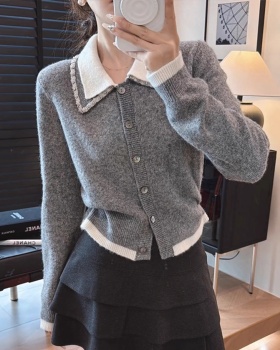 Lapel short coat knitted gray cardigan for women
