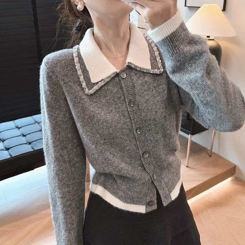 Lapel short coat knitted gray cardigan for women