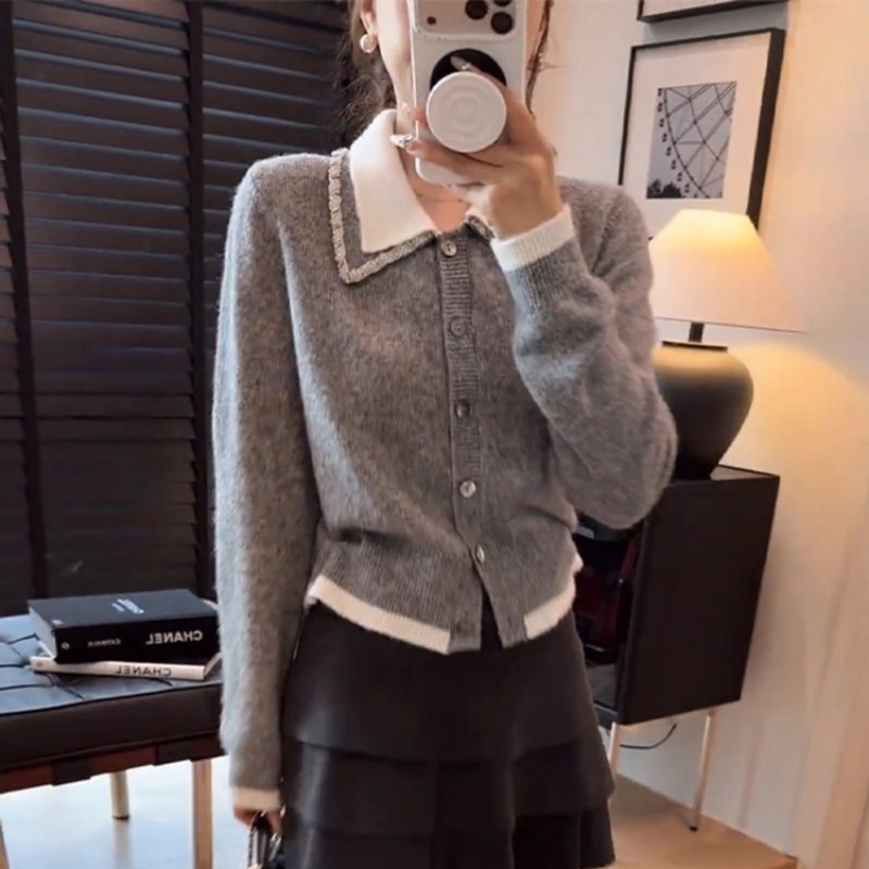 Lapel short coat knitted gray cardigan for women