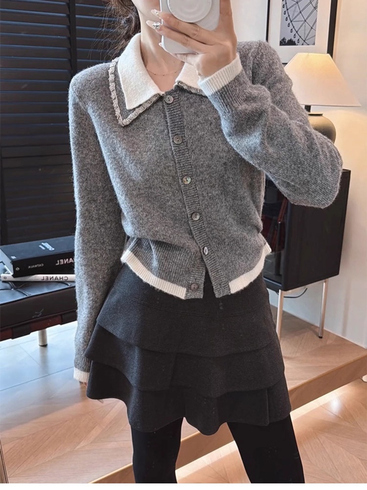 Lapel short coat knitted gray cardigan for women