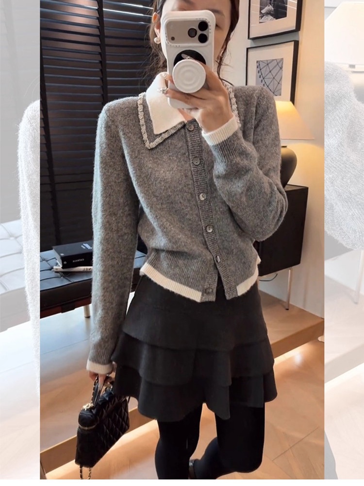 Lapel short coat knitted gray cardigan for women