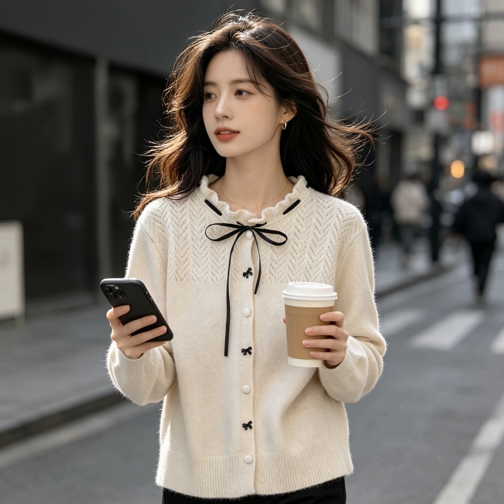 Thermal knitted cardigan bow buckle loose sweater for women