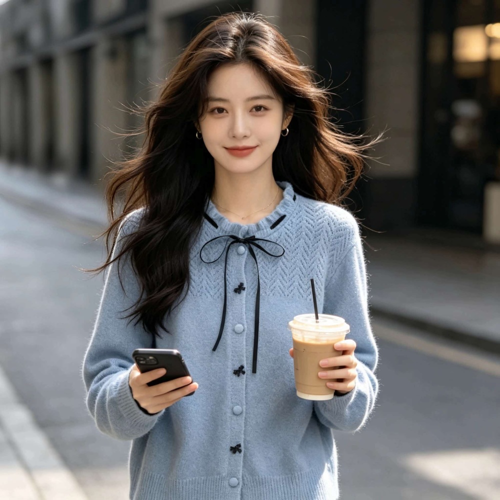 Thermal knitted cardigan bow buckle loose sweater for women