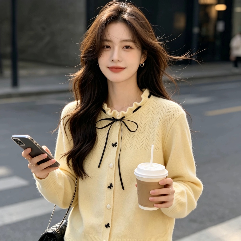 Thermal knitted cardigan bow buckle loose sweater for women