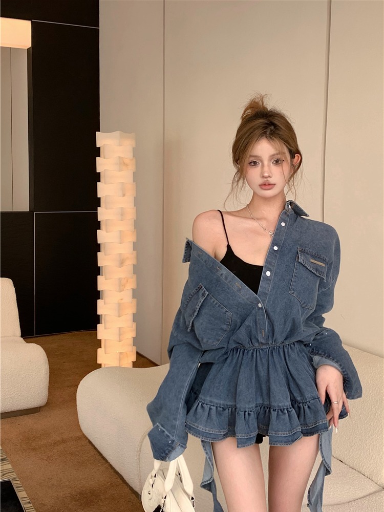 Retro streamer denim dress cake spicegirl T-back