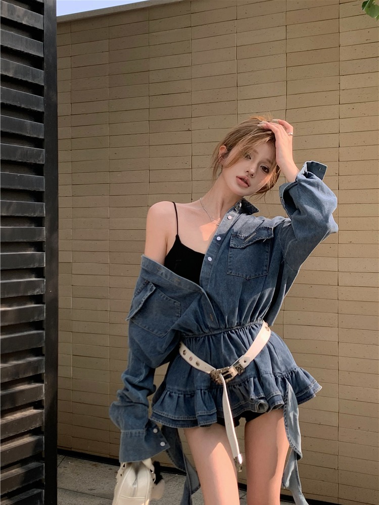 Retro streamer denim dress cake spicegirl T-back