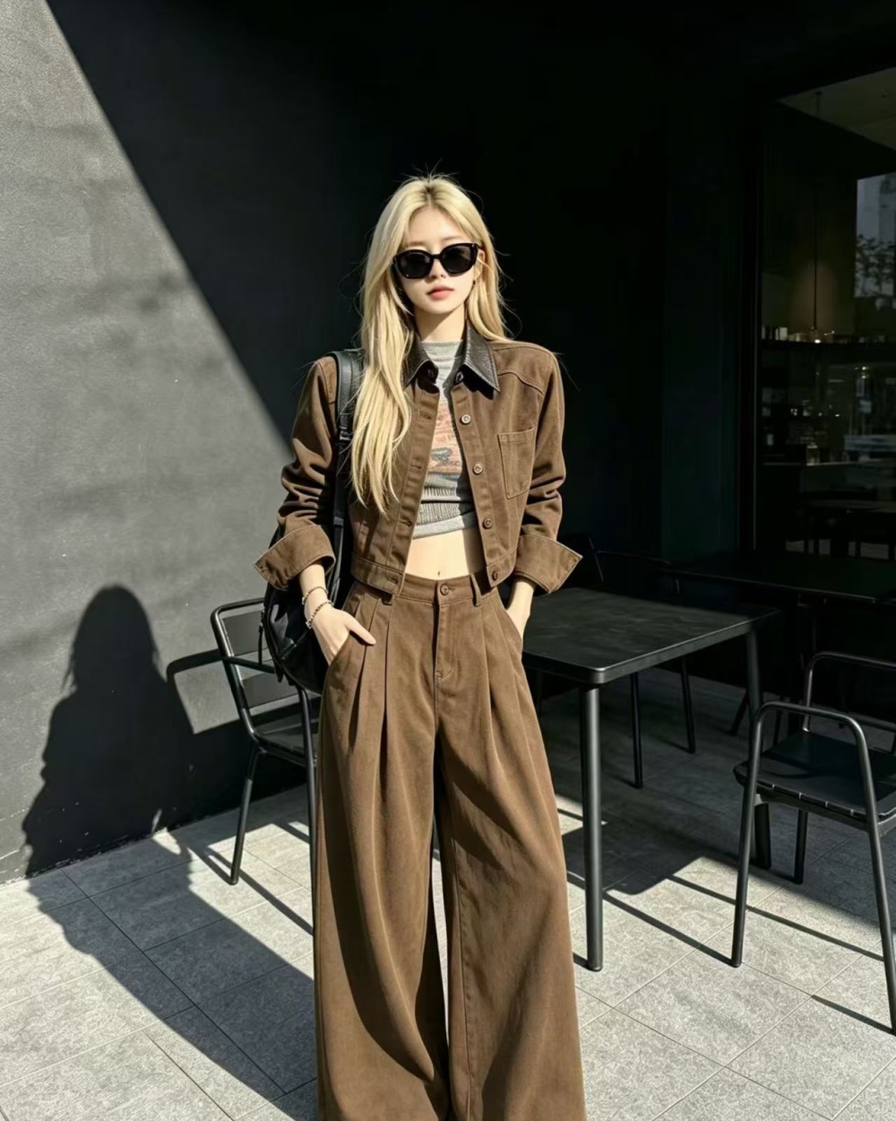 Fashion autumn long pants single-breasted tops 2pcs set