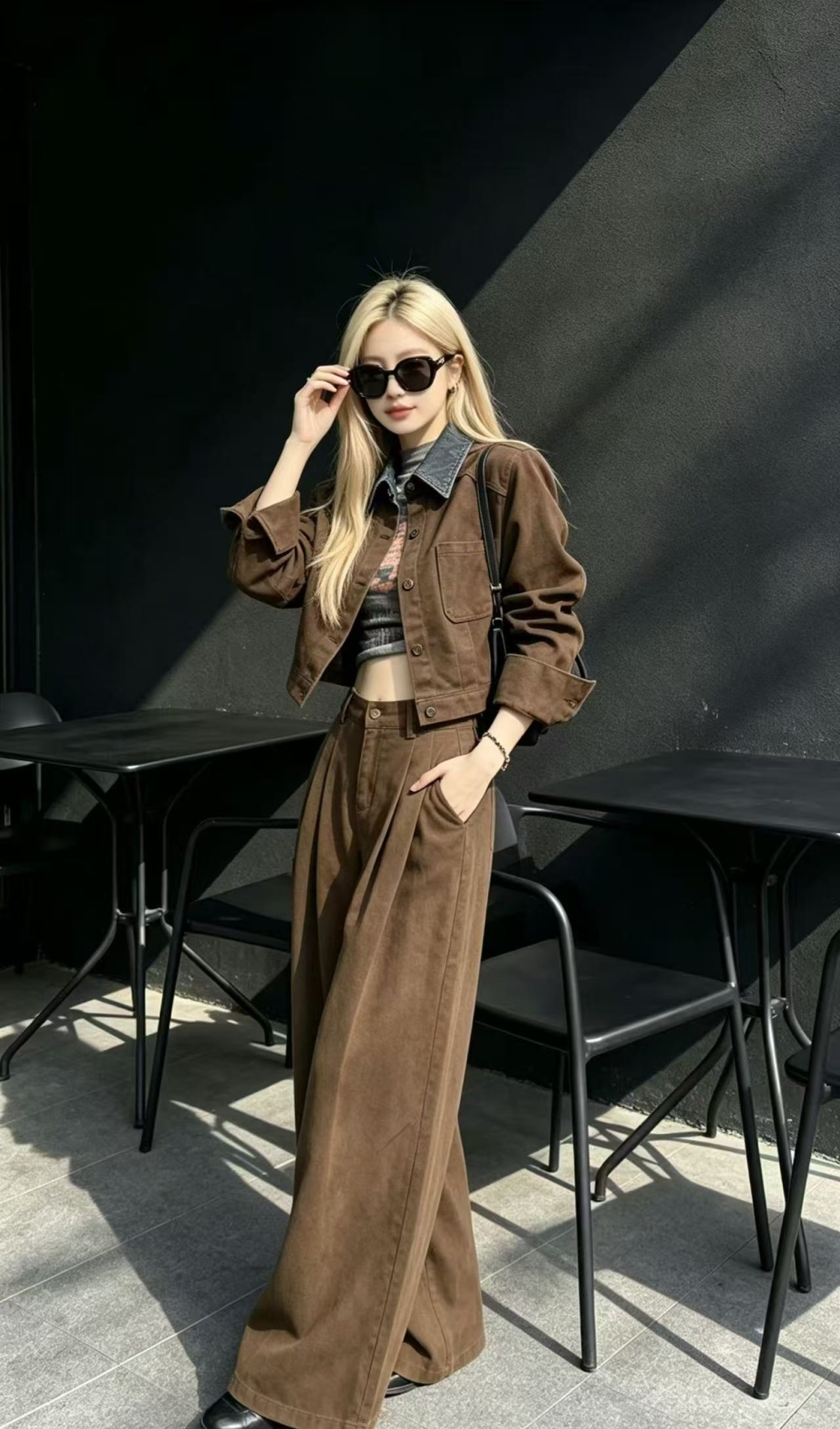 Fashion autumn long pants single-breasted tops 2pcs set