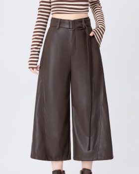 High waist PU five pants slim wide leg pants for women