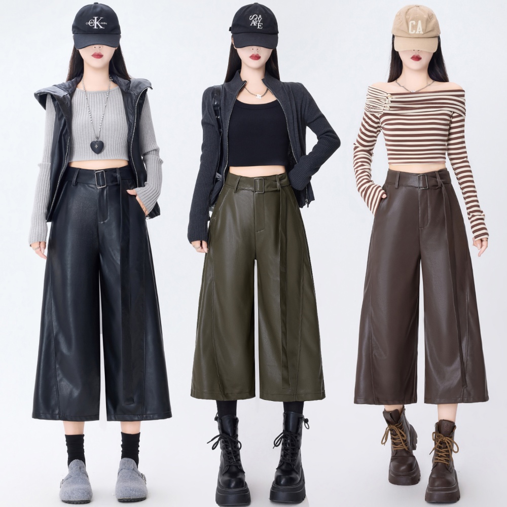 High waist PU five pants slim wide leg pants for women