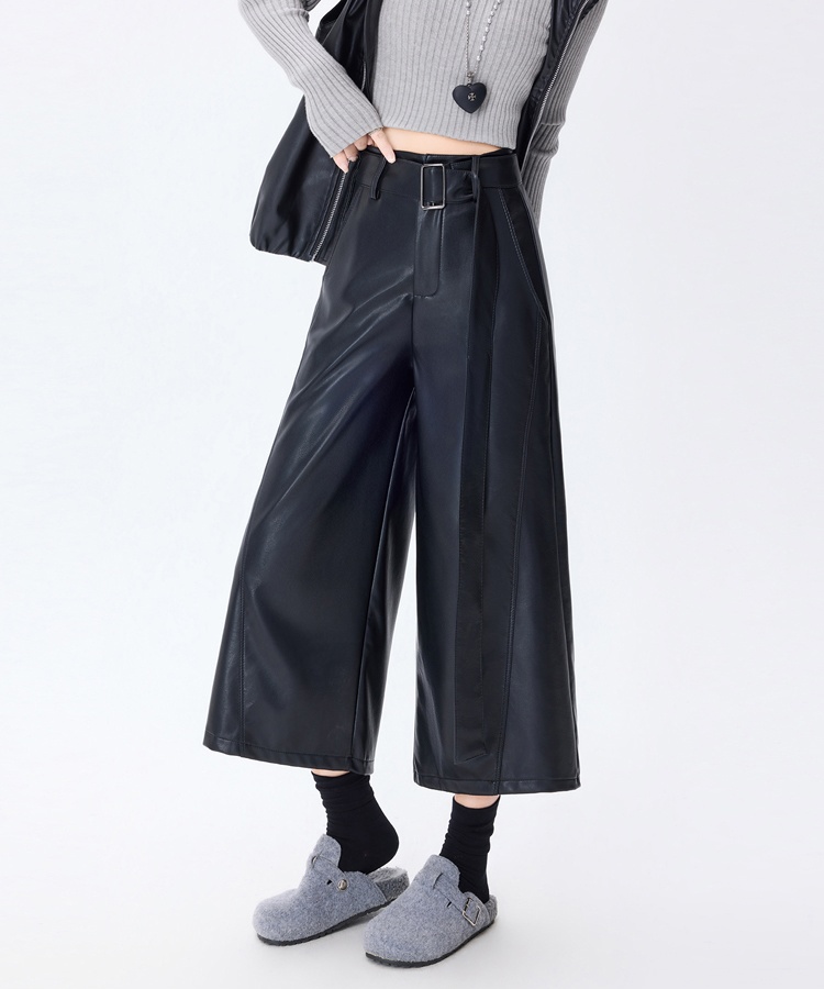 High waist PU five pants slim wide leg pants for women