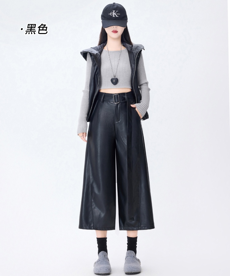High waist PU five pants slim wide leg pants for women