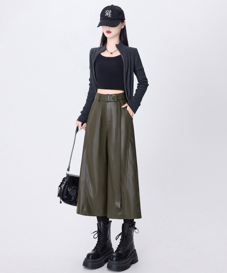High waist PU five pants slim wide leg pants for women