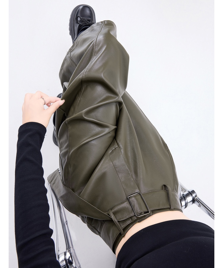 High waist PU five pants slim wide leg pants for women