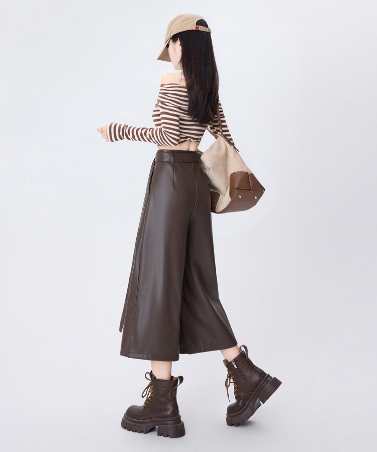 High waist PU five pants slim wide leg pants for women