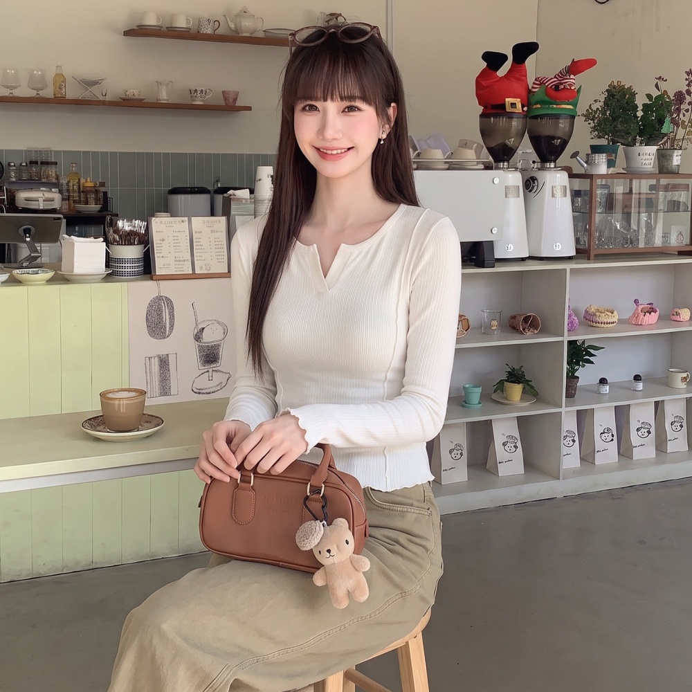 V-neck long sleeve T-shirt wood ear bottoming shirt